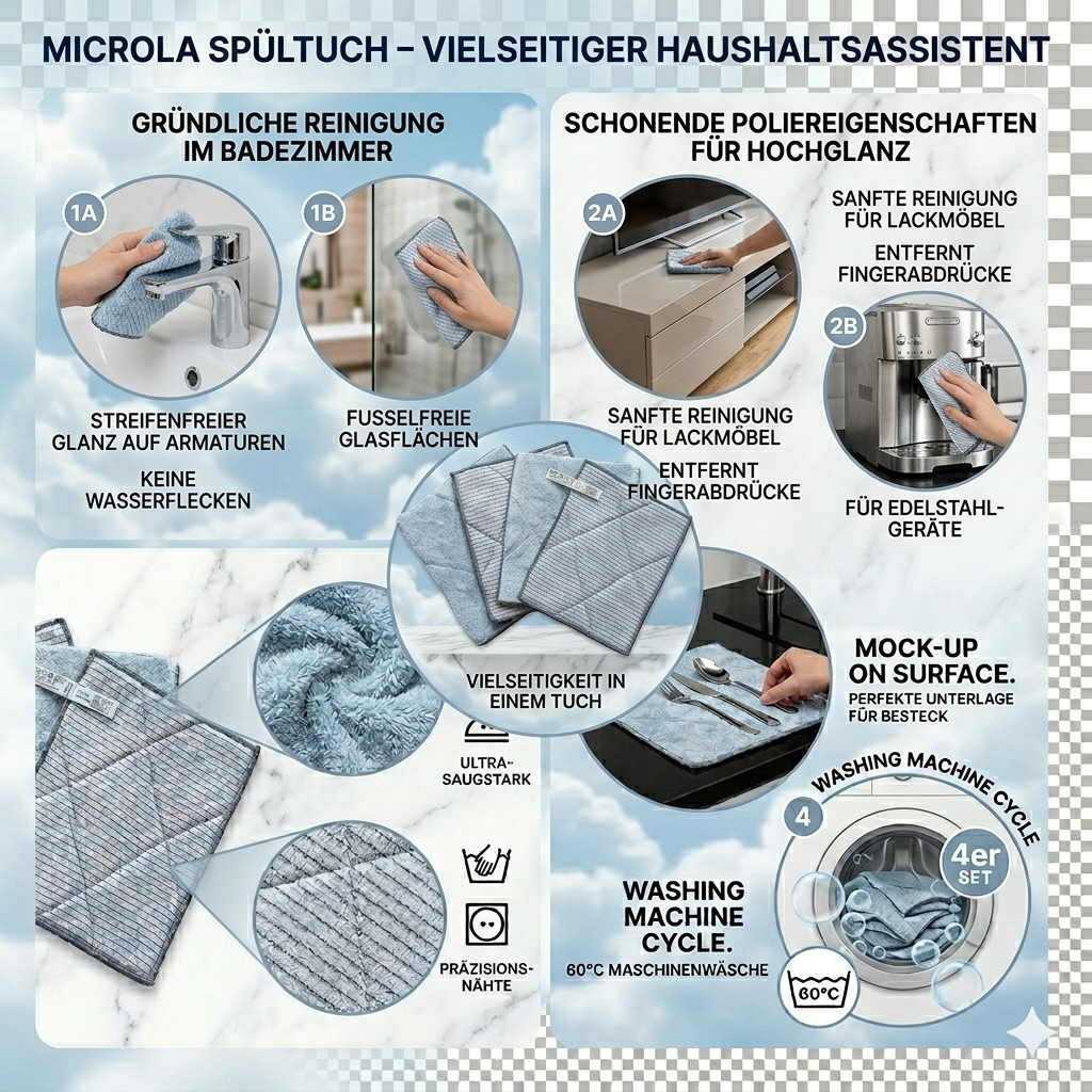 Spültuch 4er-Set – Streifenfrei & 10x saugstärker – Microla Magic