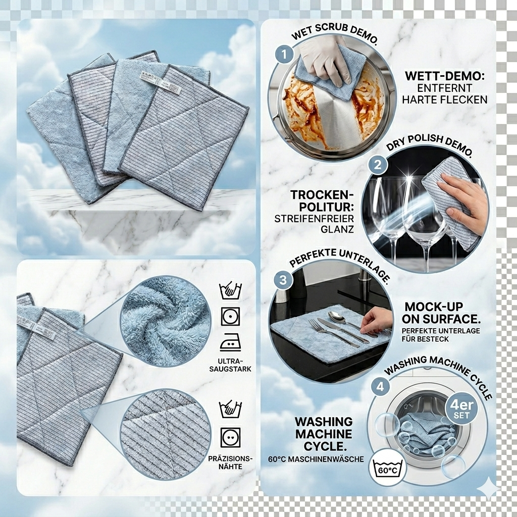 Spültuch 4er-Set – Streifenfrei & 10x saugstärker – Microla Magic